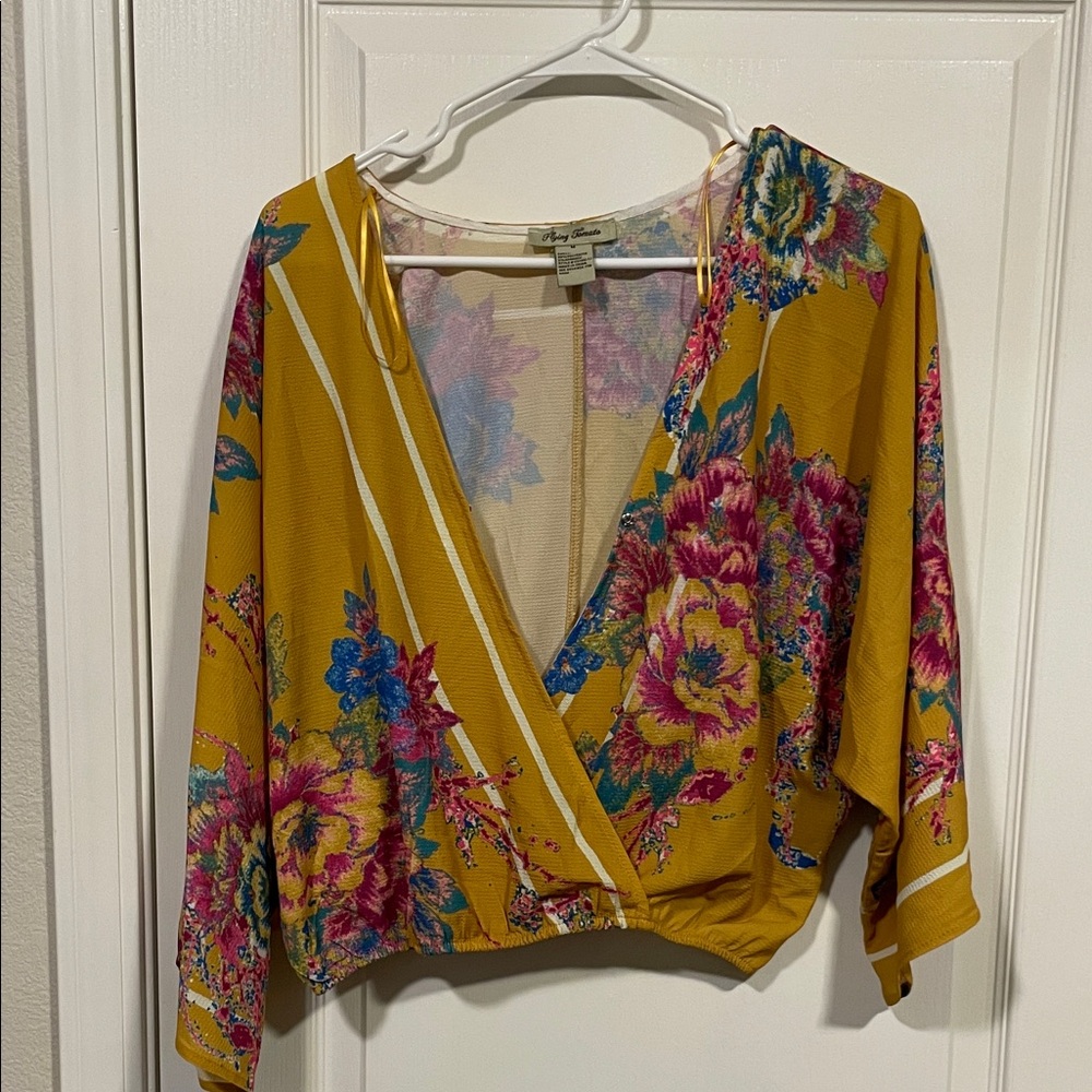 Flying Tomato Mustard Yellow Floral Wrap Blouse